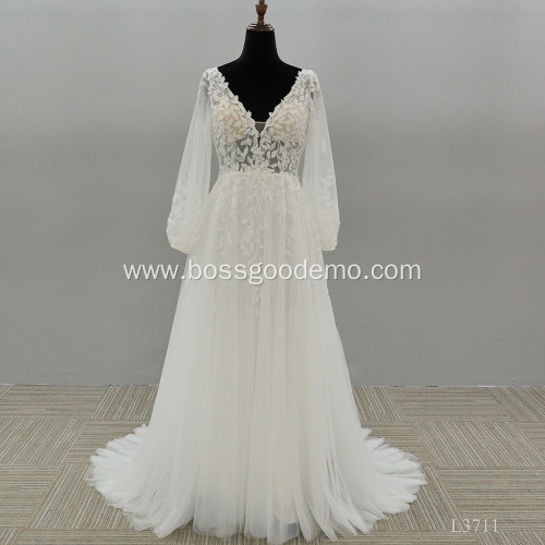 Classic Women Vintage Ball Gown Elegant wedding dress long sleeve lace